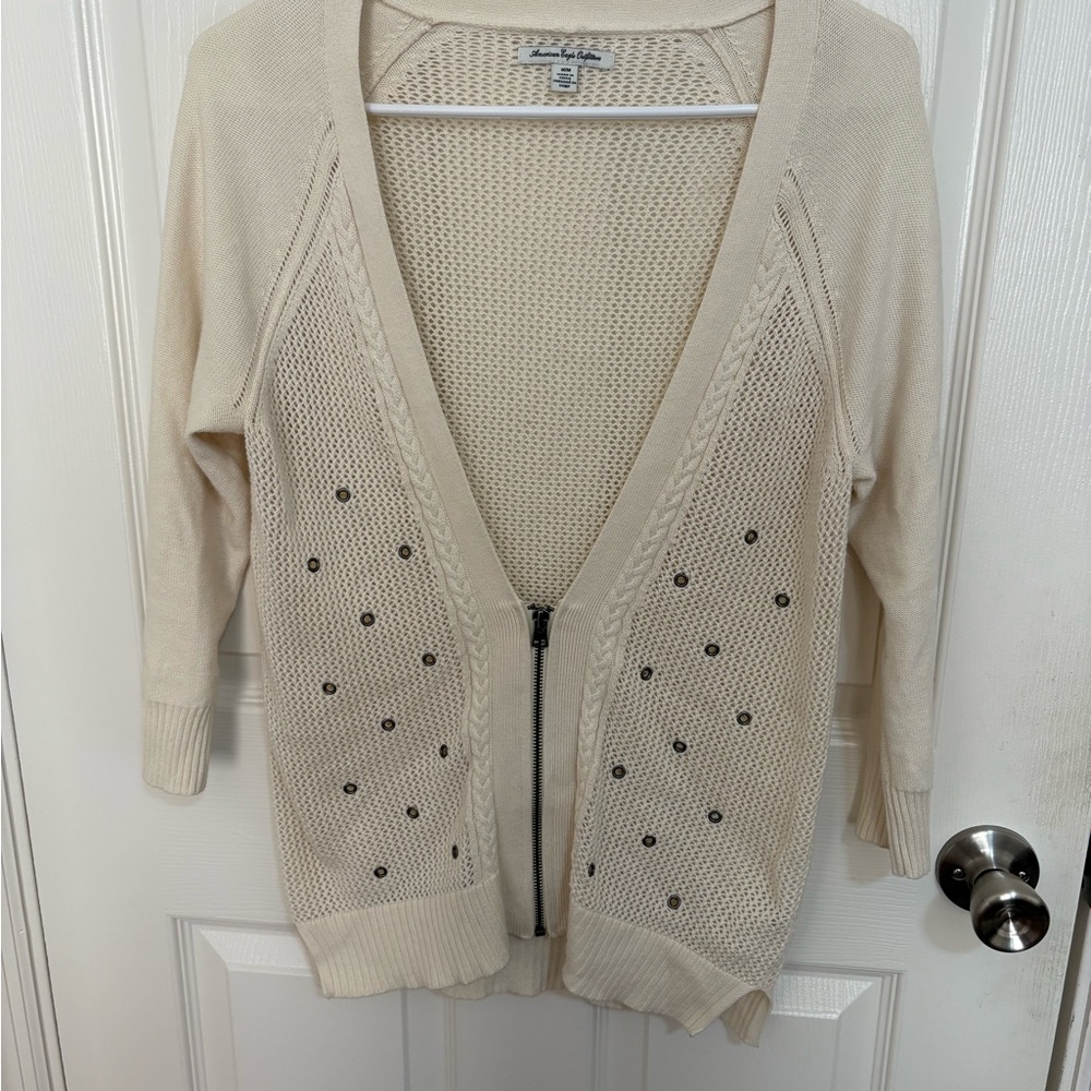 American Eagle Cream Zip-Front Studded Pointelle Knit Cardigan